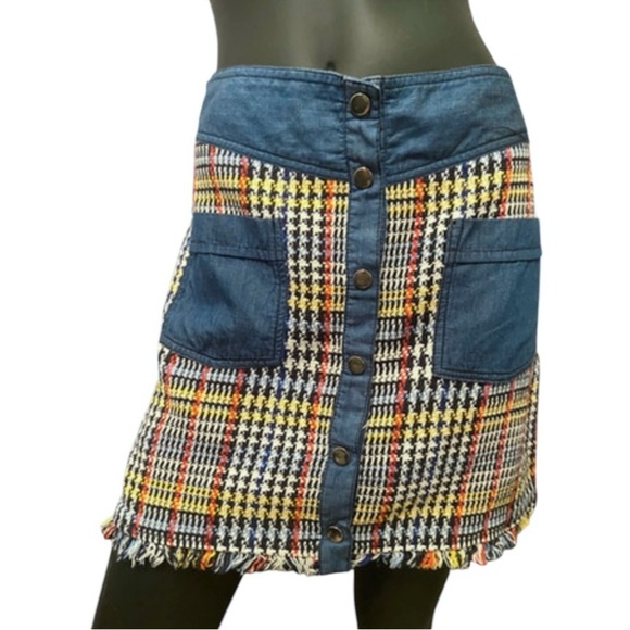 Zara Blue Multi Tweed Plaid Mini Skirt Pockets Snap Front Denim Colorful… - Picture 15 of 16